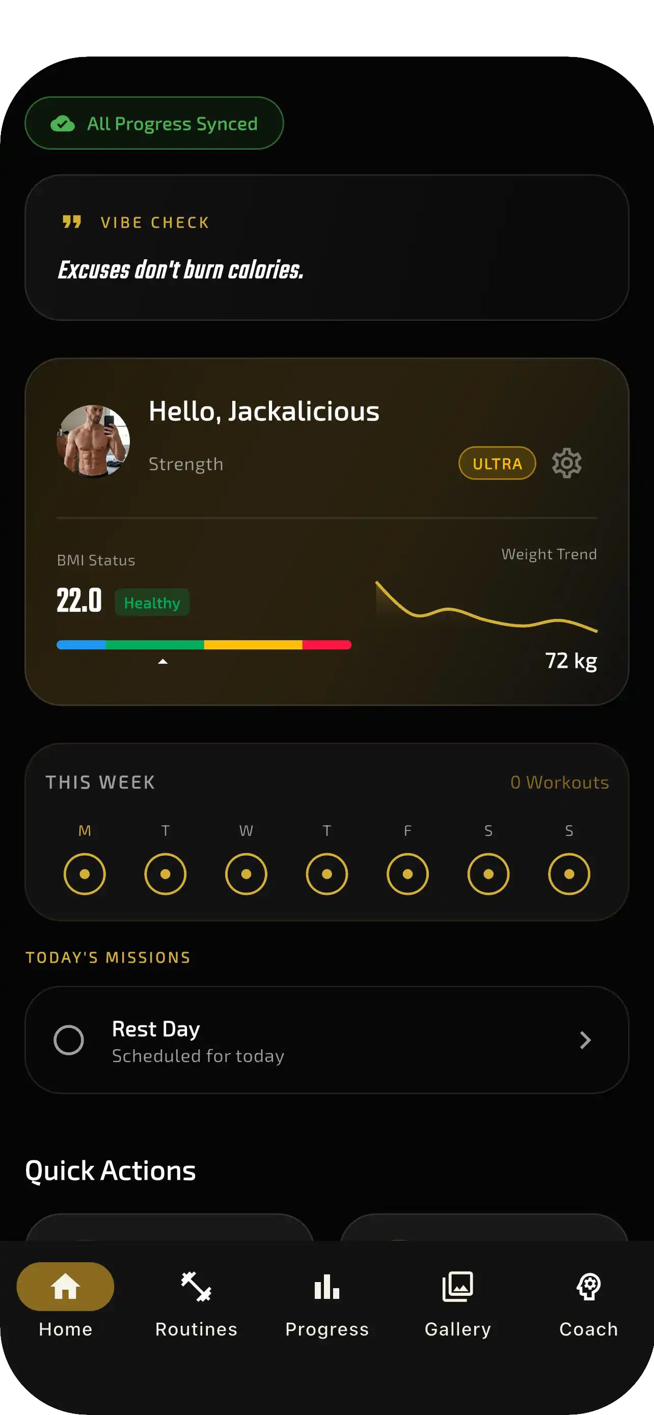 PHIBIDI home dashboard with vibe check, BMI status, weight trend, and weekly mission tracker