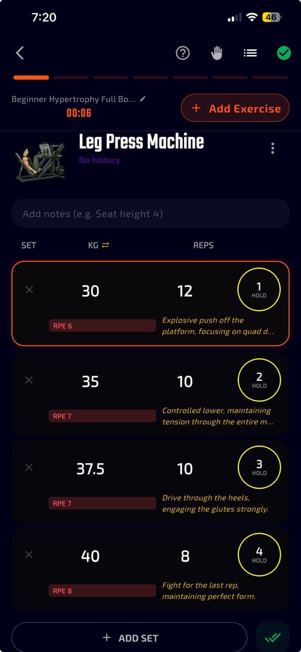 Phibidi active workout execution screen with set, reps, and load guidance