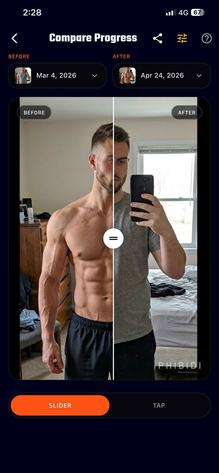 Phibidi before and after physique comparison slider