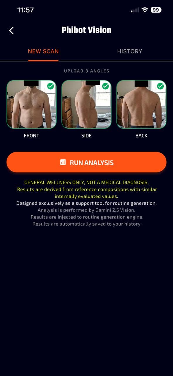 Phibidi Phision input screen with front, side, and back physique upload angles