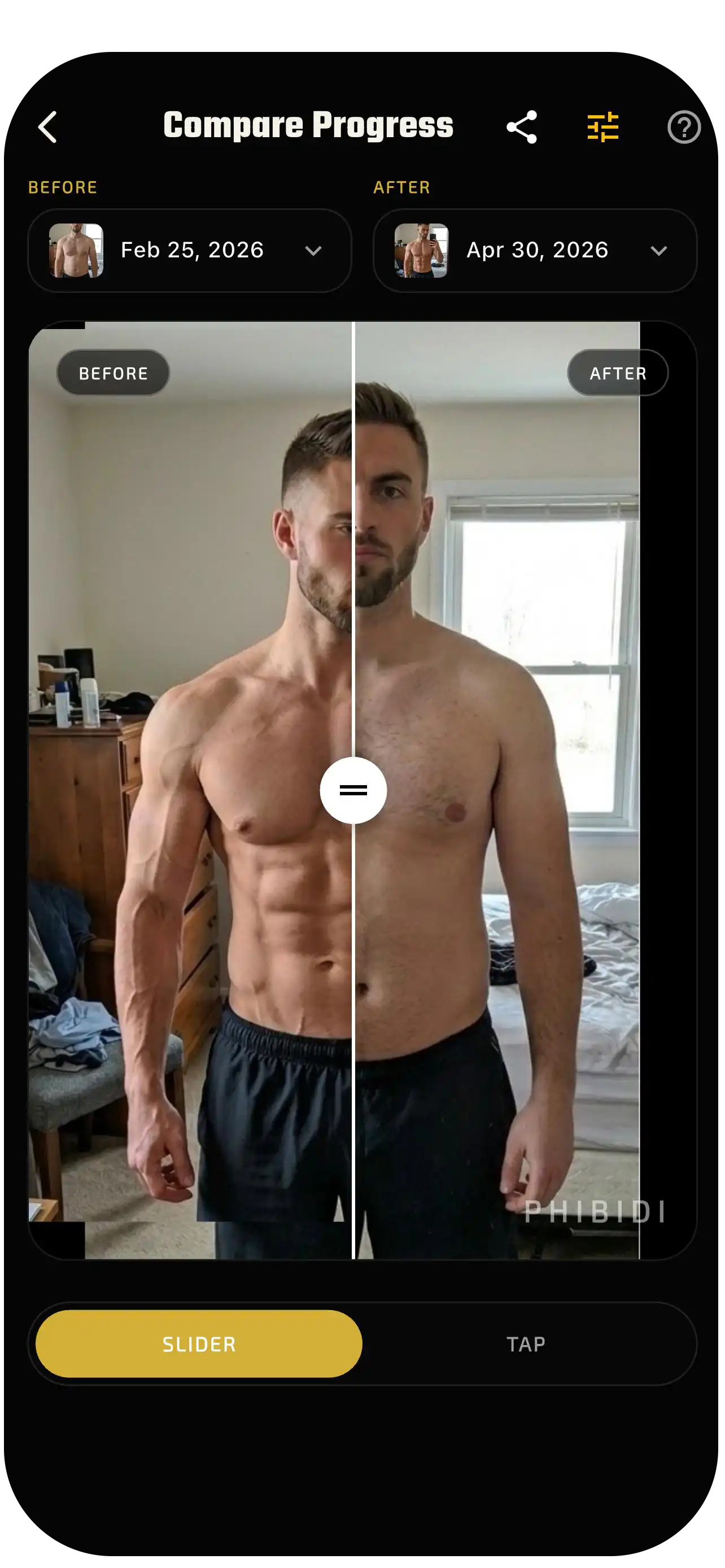 PHIBIDI before and after physique comparison slider
